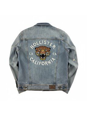 Hollister Mens M Epic Flex Distressed Denim Jacket Embroidered Tiger Graphic